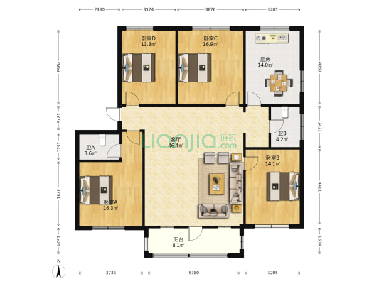 花园新村 4室1厅2卫 167平方