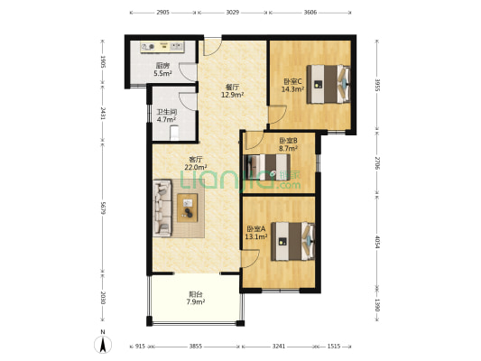 佳利金色东方佳苑 3室2厅1卫 107平方