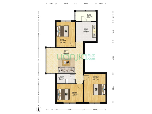 有色地质家园 3室1厅1卫 117平方