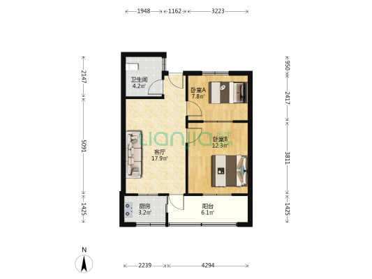 锰业宿舍 2室1厅1卫 67平方