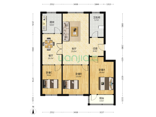 鑫诺花园 3室2厅1卫 112平方
