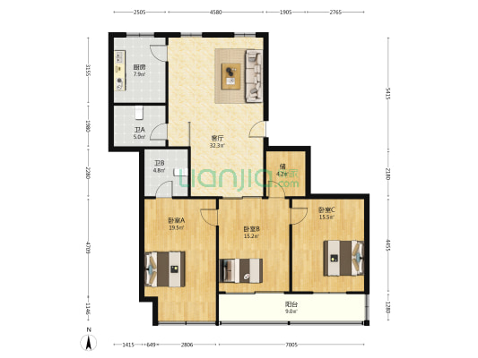 延陵路 3室1厅2卫 133平方