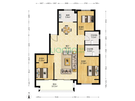 旸景嘉园 3室1厅2卫 142平方