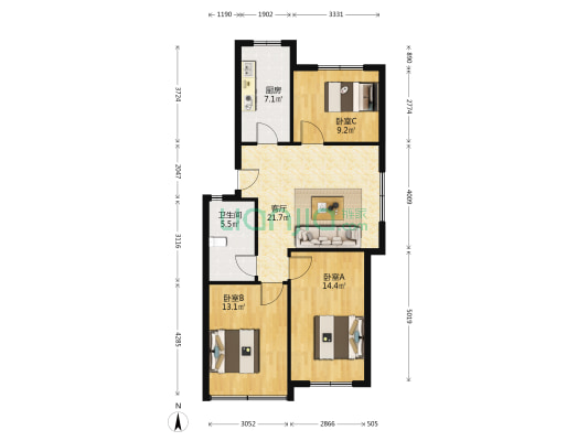 东苑小区 3室1厅1卫 105平方