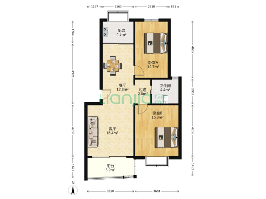 景泰嘉苑 2室2厅1卫 90平方