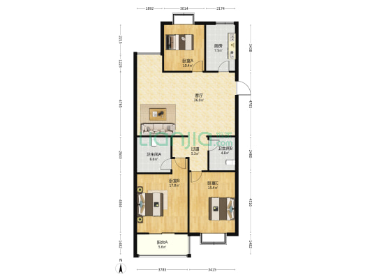 春光小区 3室1厅2卫 148平方
