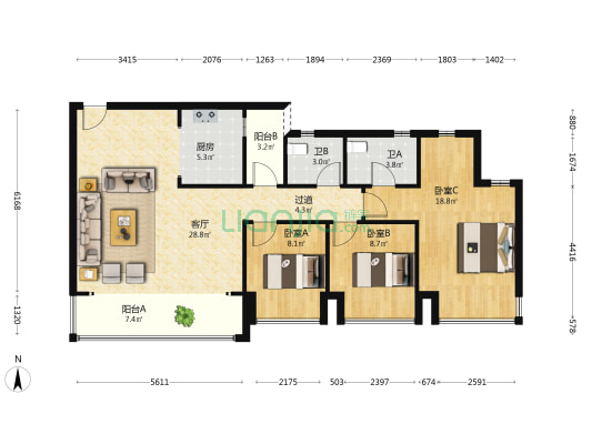 金辉云缦长滩 3室1厅2卫 99平方