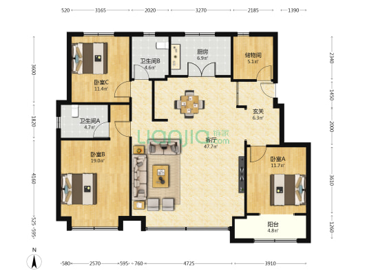 天宸庭苑 3室1厅2卫 150平方