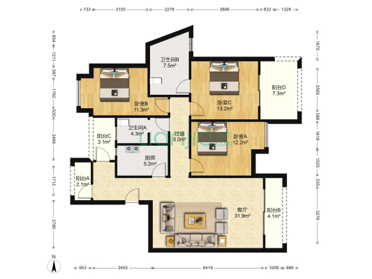 华宇小泉雅舍 3室1厅2卫 128平方