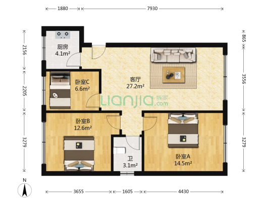 宏达雅苑 3室1厅1卫 82平方