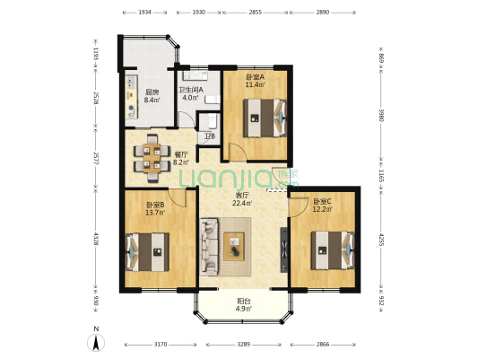 新光小区 3室2厅2卫 110平方