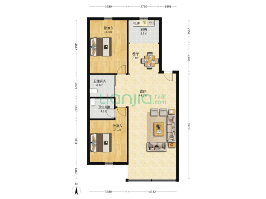 联通小区(昌邑区) 2室2厅2卫 122平方