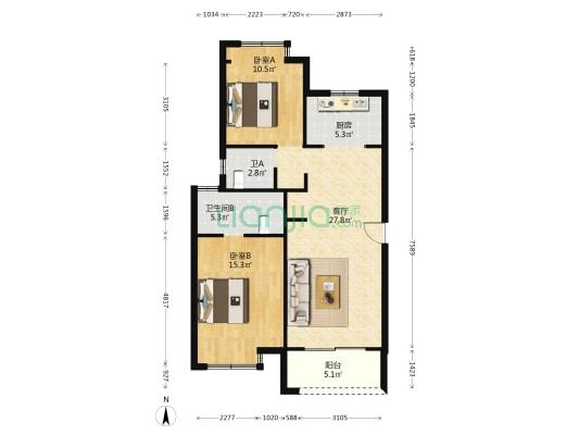 印宸府 2室1厅2卫 90平方