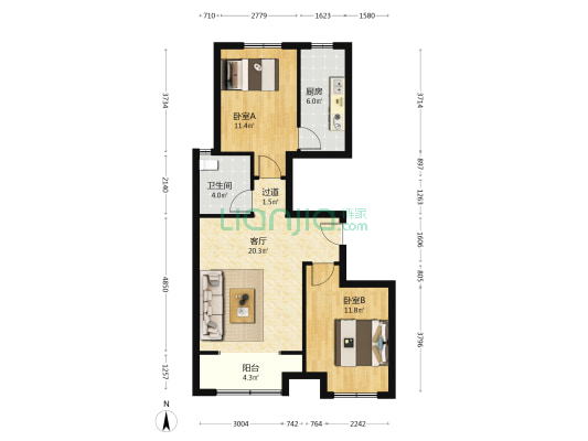 楼子底社区 2室1厅1卫 90平方