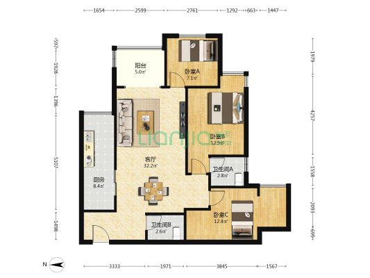 玉安景苑 3室1厅2卫 102平方