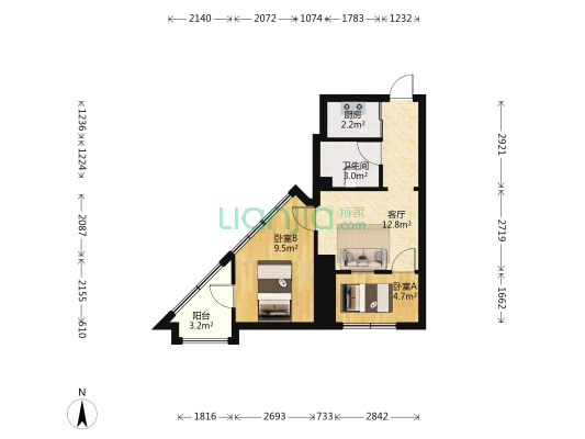 申海大厦 2室1厅1卫 53平方