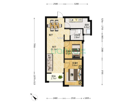 祖龙Acmall 2室1厅1卫 70平方