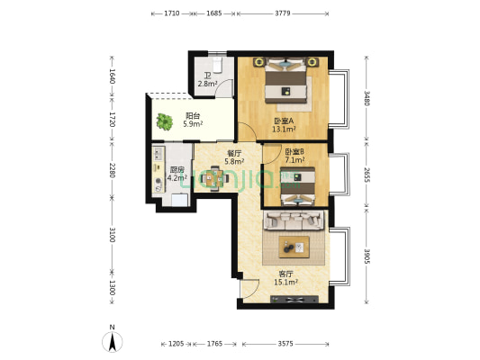 翠湖名都 2室2厅1卫 80平方