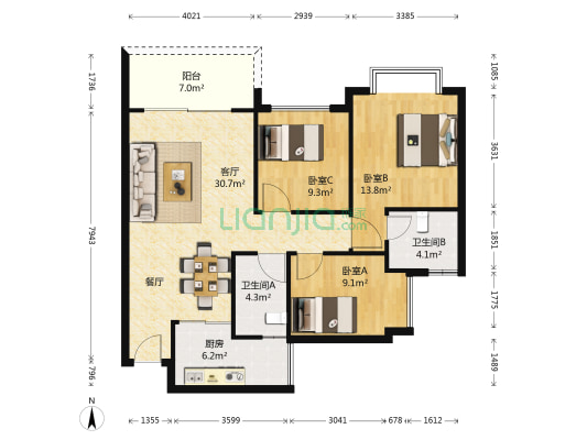 金河湾花园 3室1厅2卫 93平方