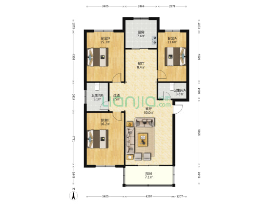 育德花园南苑 3室2厅2卫 129平方