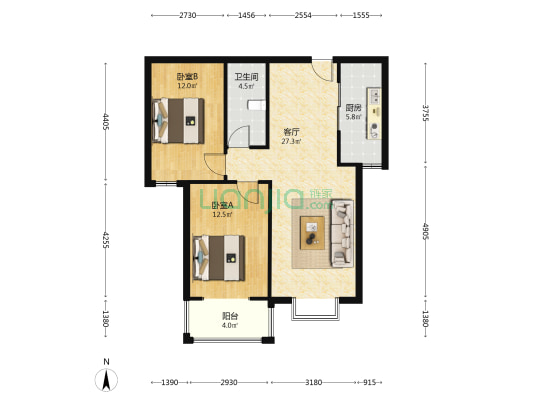 水岸花城，全阳户型，前后无遮挡，大社区集体供暖。-户型图