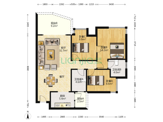 兆桂园住宅楼 3室1厅2卫 110平方