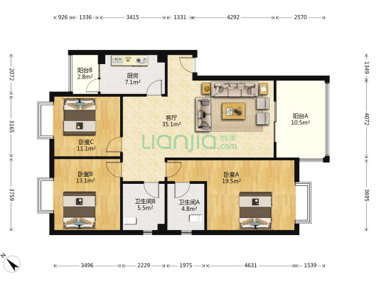 丽都新城二期 3室1厅2卫 125平方