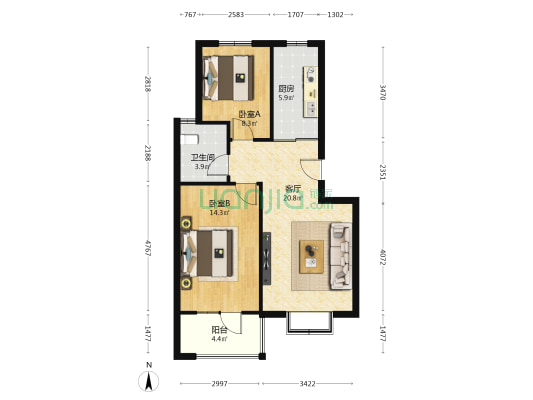 金瑞花园 2室1厅1卫 77平方