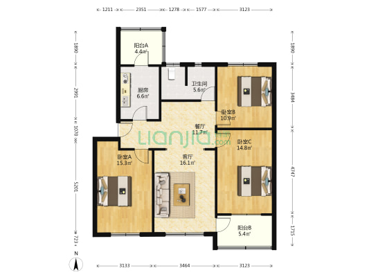 河北省直老干部休养所北院 3室2厅1卫 104平方