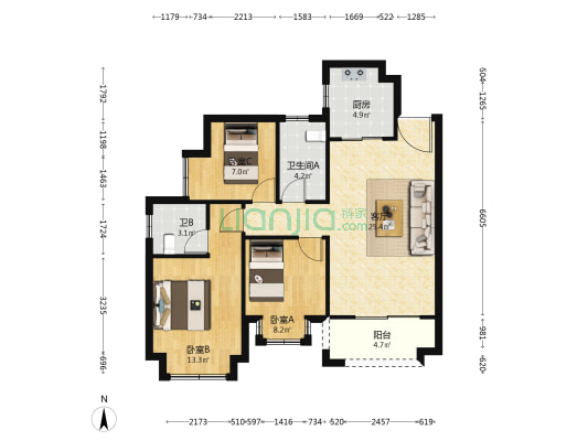 灏景华府 3室1厅2卫 89平方