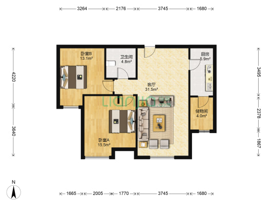 富力津门湖清溪园 2室1厅1卫 99平方