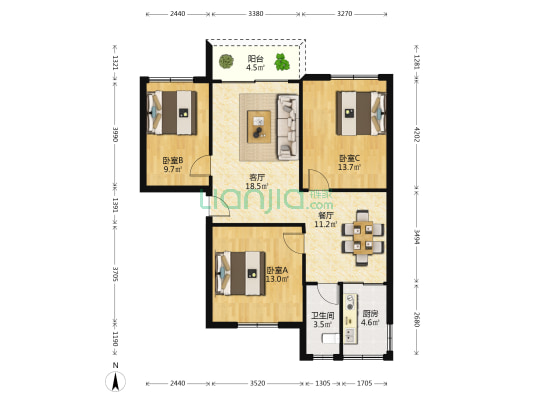 铁湖五村 3室2厅1卫 98平方
