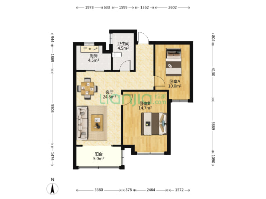 天玺 2室1厅1卫 90平方