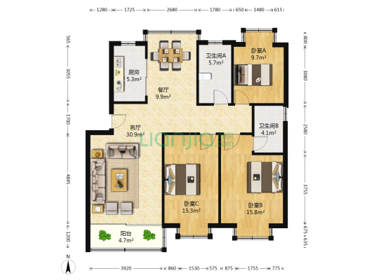 泾水公寓东区 3室2厅2卫 120平方