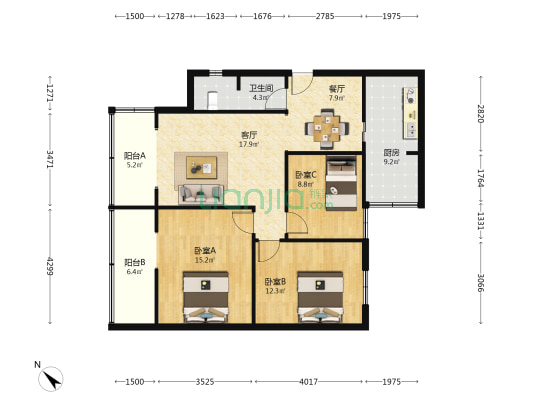 小关庙巷17号 3室2厅1卫 101平方