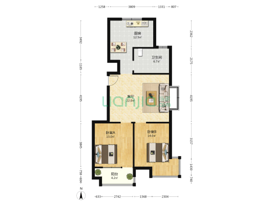 名仕园小区 2室1厅1卫 96平方