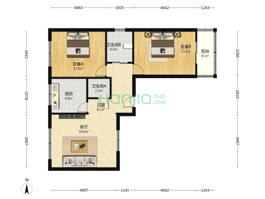 橡胶厂家属院 2室1厅2卫 104平方