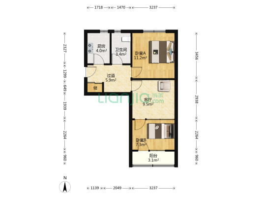 太子务家属楼 2室1厅1卫 61平方