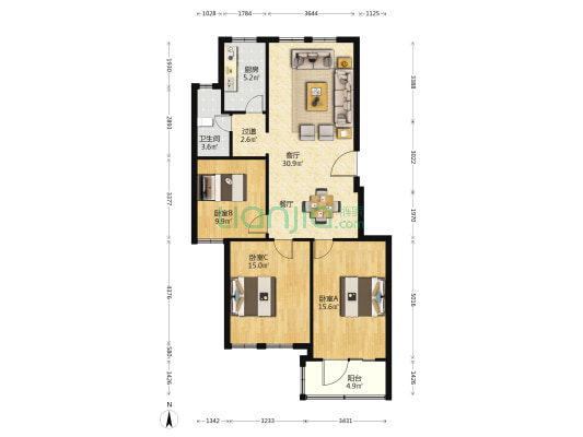 恒裕星座 3室1厅1卫 114平方