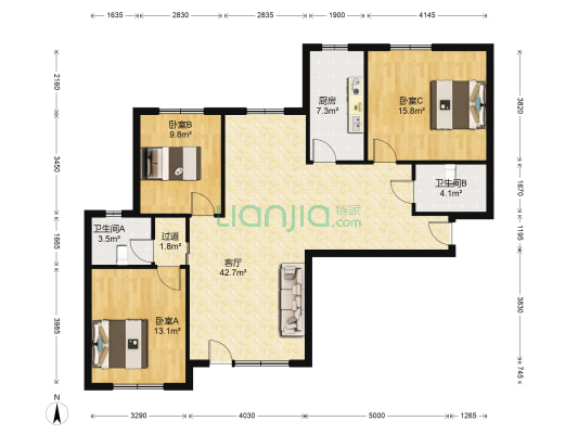 中海国际社区J区 3室1厅2卫 137平方