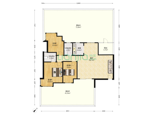 汇乔花园 3室1厅2卫 102平方
