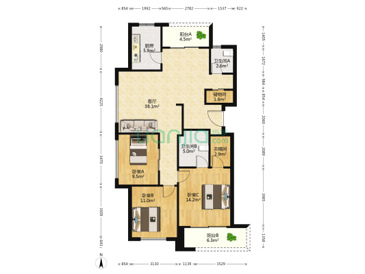 绿城西子紫兰公寓 3室1厅2卫 121平方