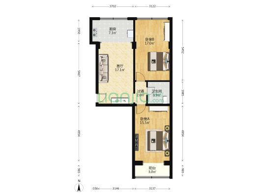 月坛西街24号院 2室1厅1卫 82平方