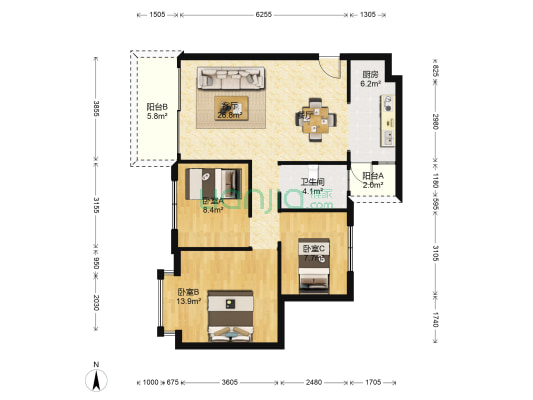 富逸花园 3室1厅1卫 89平方