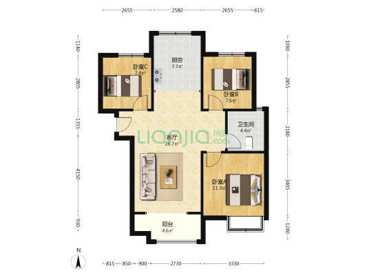 房子南北通透三居，毛坯，随意装修。-户型图