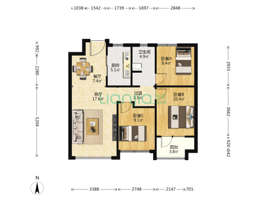 凯景·领盛豪庭 3室2厅1卫 88平方