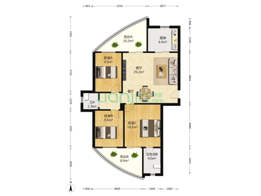 海悦天地 3室1厅2卫 114平方