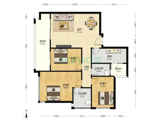 天生天城C区 3室1厅2卫 121平方