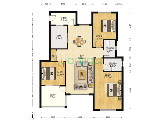 新上海花园 3室1厅2卫 137平方