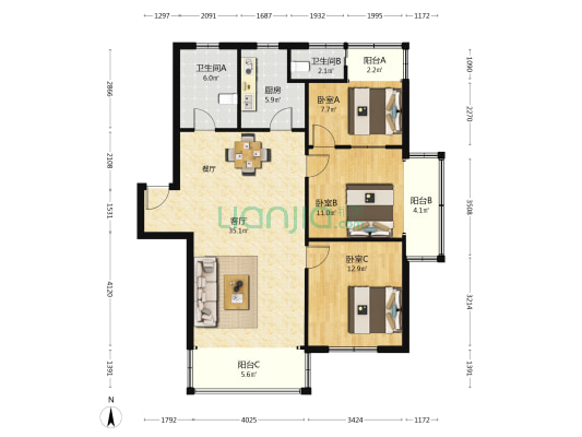 绿景家苑 3室1厅2卫 114平方